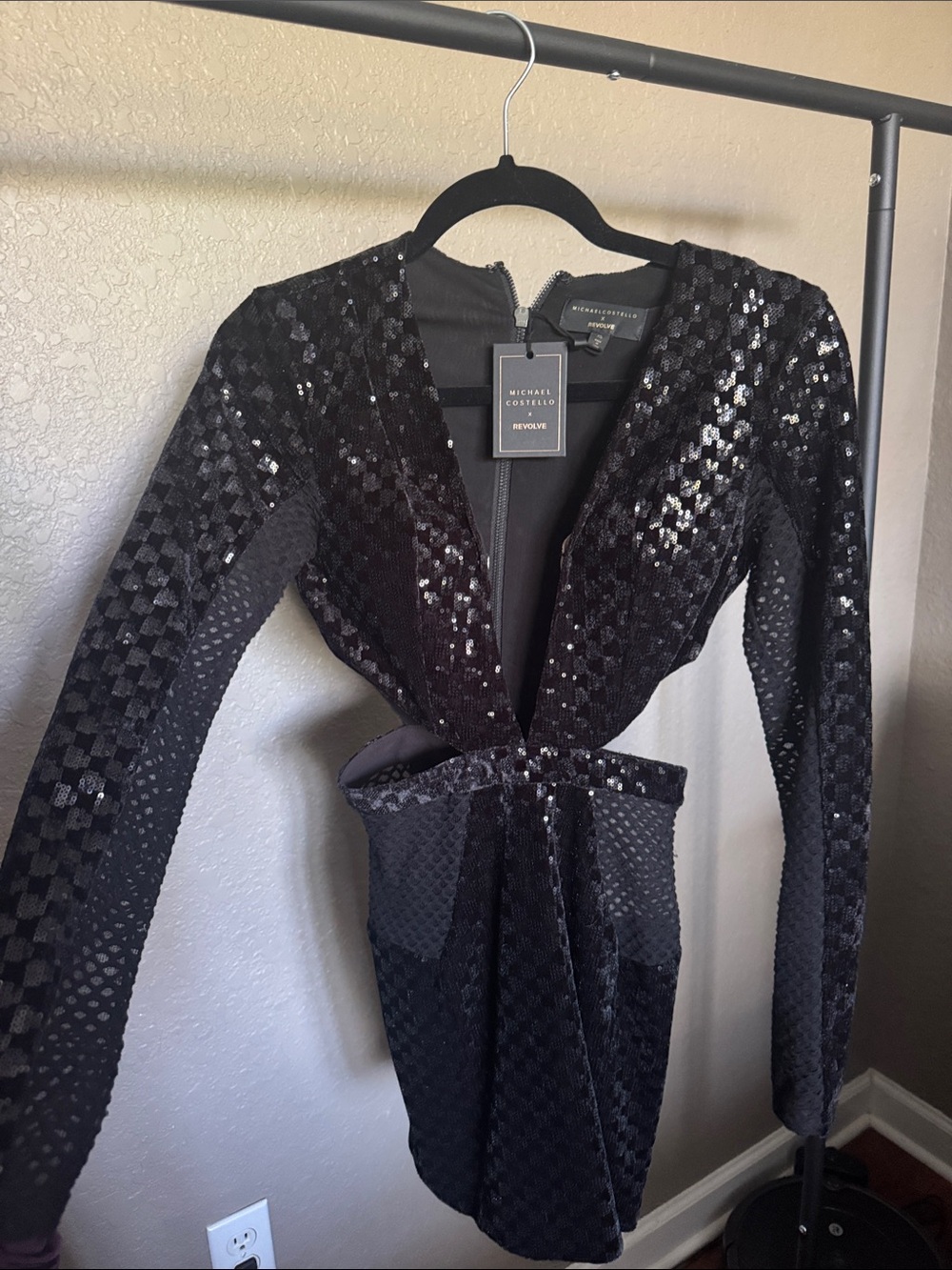 Michael Costello Black Sequin Plunge Long Sleeve Mini Dress